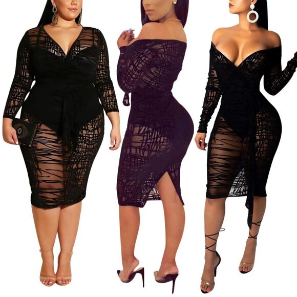 Dresses & Skirts - Mesh Black Sheer Bodycon Dress With Long Sleeves & Front Tie Small